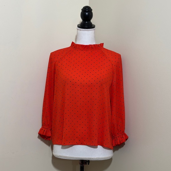 Worthington || Orange & Black Polka Dot Blouse  3/4 Sleeves High Neck size PM - Picture 1 of 5